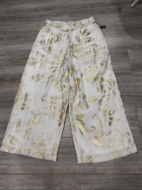 Vince Camuto Women’s White Wide-Leg Pants with Gold Leaf Foil Print M